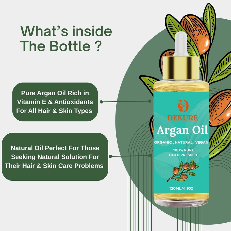 Dekure Argan Oil, 100% Pure Organic Cold-Pressed, 120ml, For Hair
