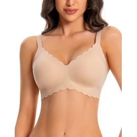 ANGOOL Women's Bra Without Underwire V-Neck Soft Cups Push Up Bra Seamless High Elasticity Bustier Women's Wavy Edges Sleep Bra Padded, beige, M