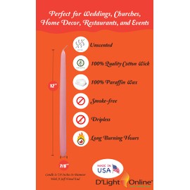 D'light Online Elegant 12" Cotton Candy Taper Candles Premium Quality- Unscented, Hand-Dipped Tapered Candles, Dripless and Smokeless - Set of 12 (12 Inch, Cotton Candy)