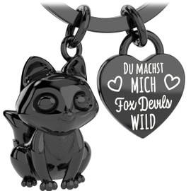 LANOLU Key Fox, Fuchsi, Partner Keyring for Men, Girlfriend, Boyfriend, Couple Gifts for Both with Heart and Love, Lucky Charm Made of Metal, black