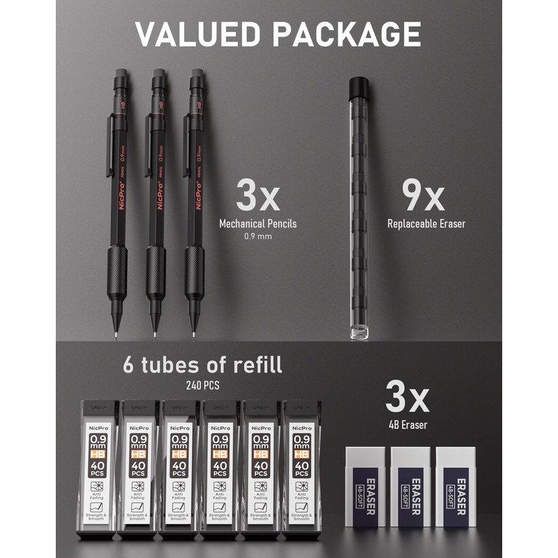 Nicpro 0.9 Metal Mechanical Pencil Set with Case, 3PCS Hevey