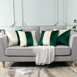 OTOSTAR Set of 4 Soft Velvet Throw Pillow Covers 18x18 Inch Modern Decorative Pillow Covers Gold Leather Striped Square Luxury Pillowcase Cushion Case for Couch Living Room Bed Sofa Home Decor (Green)