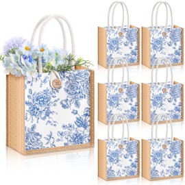 Abbylike 6 Pcs Wildflower Gift Bag Small Floral Flower Burlap Tote Handbag with Handle Button for Wedding Bridal Party Favor(Blue White Flowers)
