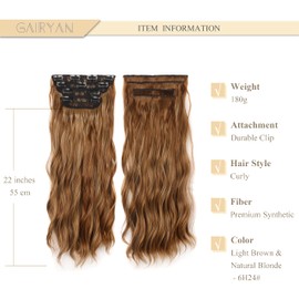 Gairyan Clip-In Extensions Wave Hair Extensions Wavy 4-Piece Set Hair Clip Extensions Hair Pieces Long Synthetic Curls Hair Extension for Women 55 cm 180 g - Light Brown & Natural Blonde