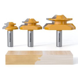 REKCKRUL 3 PCS Professional 45 Degree Lock Miter Router Bit Set - Carbide Tipped, 1/2" Shank, Cutting Height: 1/2", 3/4", 1", Woodworking Tools for Cabinets, Drawers, Doors & Furniture