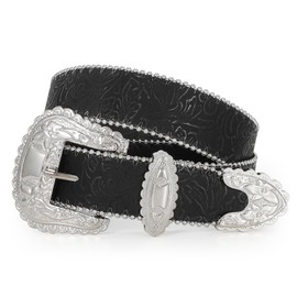 SUOSDEY Western Belt for Women, Cowgirl Cowboy Leather Belt for Jeans, Country Belt with Large Buckle, 3.8 cm Width, silver black