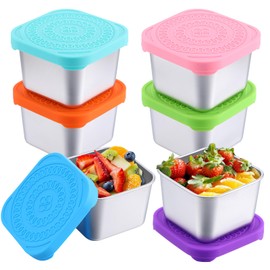 HOFURME 6 Pcs Stainless Steel Snack Containers for Kids, Easy Open Leak Proof Metal Toddler Snack Containers with Silicone Lids, Stackable Metal Toddler Lunch Box for Daycare, School and Travel