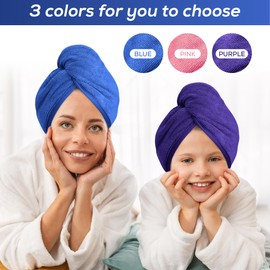 DK Essentials Premium Microfibre Hair Towels (65x25, Blue, Pink, Purple) Super Absorbent, Quick Drying - Soft Turban Wrap