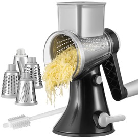 Brieftons 4-Blade Rotary Cheese Grater, Kitchen Food Grater with Handle, Mandoline Vegetable Slicer, Garlic Grater, Nut Grinder, Grater for Cheese, Vegetables, Fruits, Nuts, Easy to Use, Clean & Store