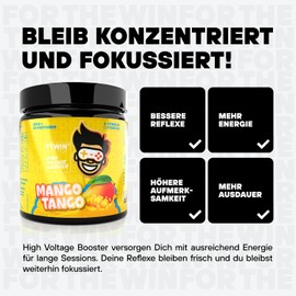 FTWIN HIGH VOLTAGE BOOSTER | For Gamers and E-PORTLERS | Reflex - Focus - Energy - Endurance | 320 g = 40 Servings (320 g, Mango Tango)
