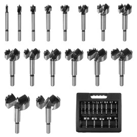 HARFINGTON 16pcs Forstner Bit Set 3/8"-1-5/8" Dia. Round Shank High Speed Steel Metric Forstner Drill Bits for Wood, Flat Wing Woodworking Hinge Drilling Tool Kits for Wood Plastic Plywood