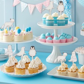 CORNER LACE Winter Arctic Polar Animals Birthday/Baby Shower Wooden Cupcake Toppers 16Pcs, Polar Bear Penguin Seal Fox Cupcake/Desserts Picks White Grey, Winter Party Decorations Supplies Favors