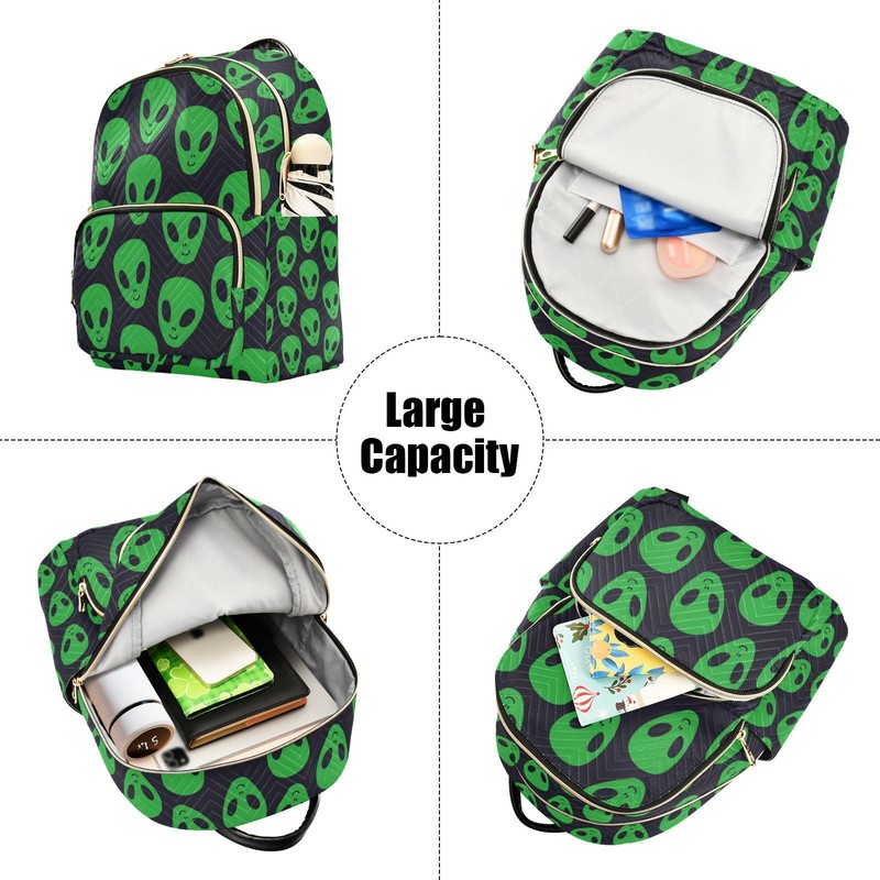 Yasala Women Fashion Backpack Green Aliens Face Sturdy Daily Bag