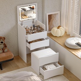 Timechee Vanity with Mirror and Lights, Small Foldable Cute Make up Vanity Desk with 3 Drawers, Hidden Chair, Shelves and Glass Tabletop for Bedroom, Dressing Room, White(18.7"x 15.7"x 47.2")