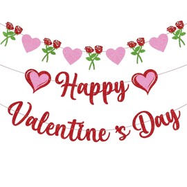 Glitter Happy Valentine's Day Banner, Red Pink Happy Valentine's Day Letters Banner Shiny Rose Heart Banner Sign for Celebrate Valentine's Day Party Wedding Ceremonies Holiday Party Decorations