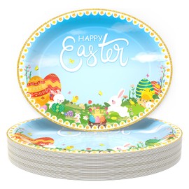 Disposable Easter Paper Plates, 36-Count Large Heavy Duty Oval Dessert Dishware, Giant Dinner Supplies for Party, 10.2 x 12.6 Inch
