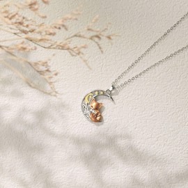 Fox Necklace for Women, Fox Gifts for Teens, Moon and Flower Design, Birthday, Graduation, Back to School, Christmas, Adjustable, Metal, No Gemstone