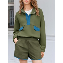 Fisoew Womens 2 Piece Outfits Sweatsuits Casual Snap Color Block Sweatshirts Running Shorts Sets Fall Loose Tracksuits