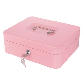 Pink Cash Box with Money Tray and Lock, Metal Money Box for Cash, Lock Box for Money 9.84x7.87x3.54 Inches