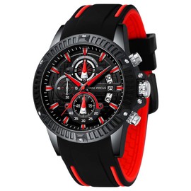 Mini Focus Mens Watches Military Sports Watch (Chronograph/Waterproof/Luminous/Calendar) Silicon Band Quartz Watch for Men (Red-Black)