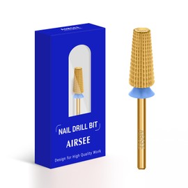 AIRSEE Tungsten Carbide 5 in 1 Acrylic Nail Drill Bit Efile Electric File Machine Head Tip for Manicure Polishing Fast Remove Gel 3/32" Shank 2 Way Professional Tech Use Gold TiN Medium-M+F+XF