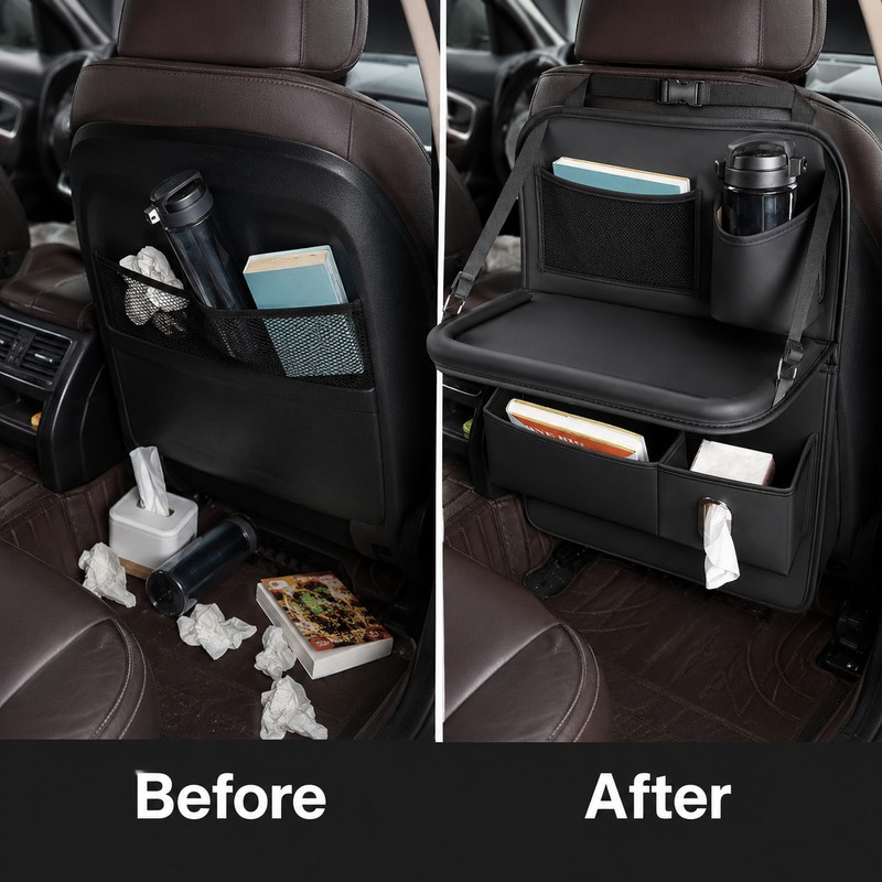 Foldable Leather Car Seat Back Organizer With Table for Rear-Seat