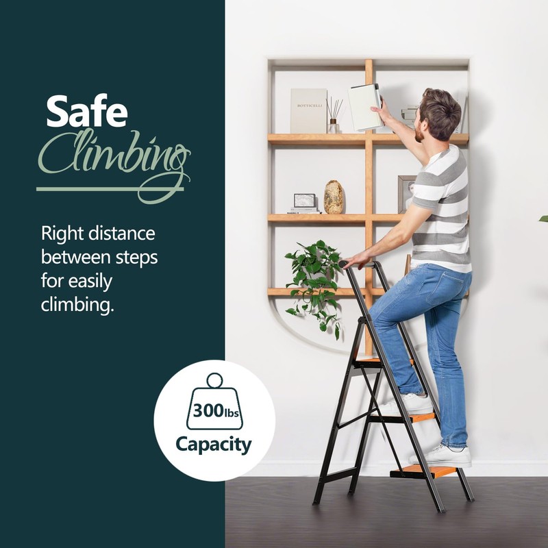 WOA WOA 3 Step Ladder, Ladders for Home, Anti-Slip Pedals,