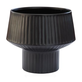 Wide Top Modern Handmade Metal Indoor Planter with Unique Shape, Vertical Grooved Design and Anti-Scratch Pads, Rust-Resistant Finish that is Sustainable Non-Plastic Pot Recyclable Metal Vase (Black)