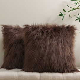 Phantoscope Pack of 2 Faux Fur Throw Pillow Covers Cushion Covers Luxury Soft Decorative Pillowcase Fuzzy Pillow Covers for Bed/Couch,Coffee 18 x 18 Inches