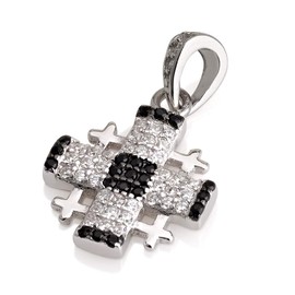 Jerusalem Cross, Cross of Jerusalem Pendant, 925 Sterling Silver Necklace with Cubic Zirconia Israeli Made Jewelry Blessings Holy Land Souvenirs (Black and white)