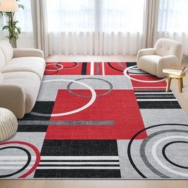 GarveeHome Area Rug 4x6 Washable Rugs for Living Room Modern Abstract Circle Rugs Non Slip Long Rug Stain Resistant Low Pile Indoor Floor Carpet for Bedroom Home Decor, Red