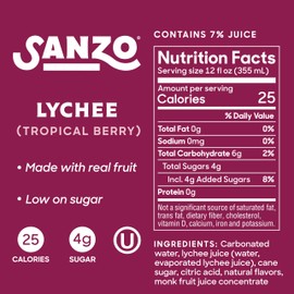 Sanzo Flavored Sparkling Water - Tropical Berry Seltzer (Lychee) - Low Calorie Low Sugar - Craft Asian Drinks - Vegan Gluten Free Carbonated Flavored Water - Fizzy Healthy Drinks - 12oz, 12 Pack