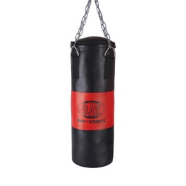 BAY® Solo Fighter Punch Bag 9 kg Approx. 80 x 28 cm Filled with Steel Chain Leather PU Swivel for Women Men Teenagers Children and More Sandbag Kids Junior Teens Black/Red Ready Filled + Steel Chain