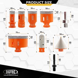 BGTEC Diamond Core Drill Bits-9PCS 5/8-11 Thread Tile Hole Saw 20/25/35/50/75mm+50mm Beveling Chamfer Bit+20mm Finger Bit+SDS/HEX Adapter for Pocelian Tile Ceramic Marble Granite Stoneware