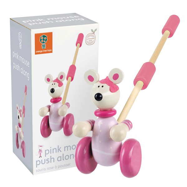 Pink Mouse Push Along Toy - Animal Push and Pull Along Toys for 1 Year Olds, Wooden Toys - Toddler Toys, Perfect 1st Birthday Gifts For Boy Girl - Early Development & Activity Toys by Orange Tree Toys
