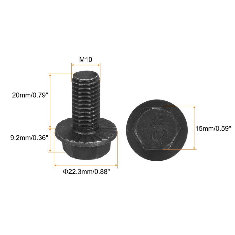 sourcing map M10x20mm Hex Serrated Flange Bolts 10.9 Grade Carbon