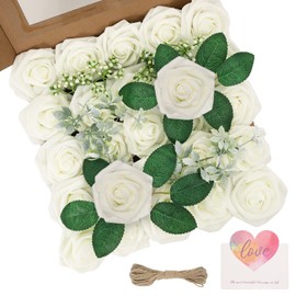 Qeedy 25PCS Artificial Roses Foam Flowers - Flowers with Stems Box Set, Perfect for DIY Wedding Bouquets, Bridal Shower Centerpieces, Party Table Decorations, Fake Roses for Decoration (White)