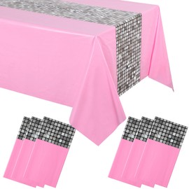 Oudain 6 Pcs 108 x 54 Inch Disco Table Cloth Disposable Plastic Disco Party Tablecloth Glitter Disco Ball Table Cloth Sequin Mirror Silver Table Cover for 70s 80s 90s Disco Dance Party Decor (Pink)