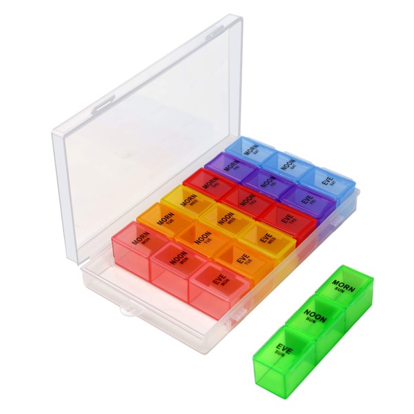 7 Days Pill Holder Organizer Tablet Box Weekly Medication Case Daily AM Morning Noon PM Night Container Compartments Detachable Dispenser (7 Color)