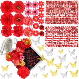 53 Pcs DIY Graduation Cap Decorations Kit, 2026 Grad Cap Topper Include Faux Flowers 3D Butterfly Self Adhesive Pearl Stickers Glitter Alphabet Letter Decals for Party Decor(Red)
