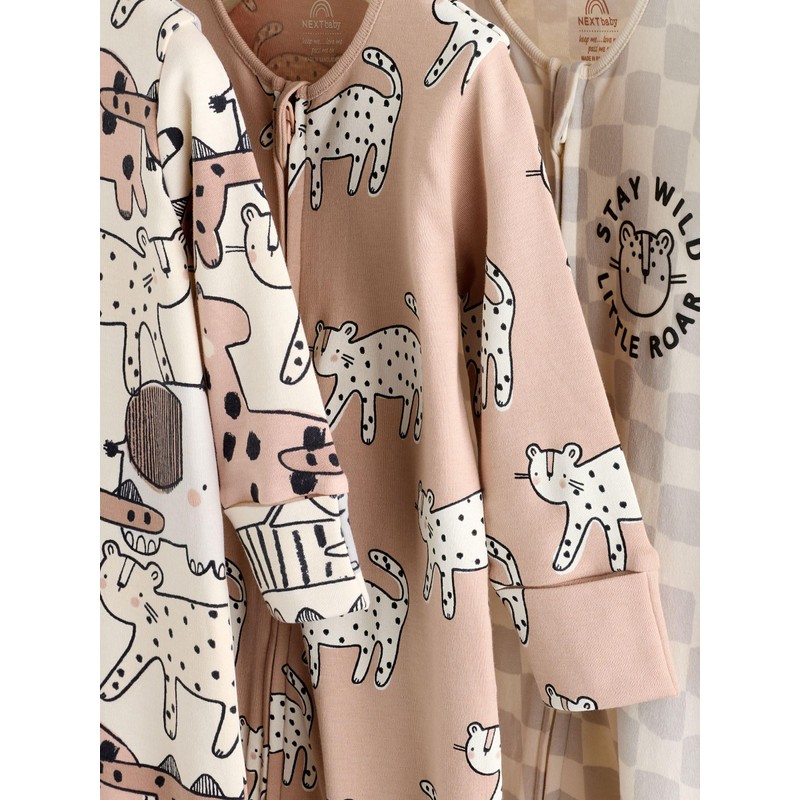 NEXT Embroidered Baby Pyjamas 3 Pack, Brown/Cream