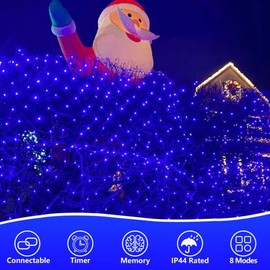 YEGUO Net Lights Outdoor Mesh Lights, 12ft x 5ft 360 LED Blue Christmas Light Outdoor Waterproof, 8 Modes Connectable Clear Wire Bush Light Plug in