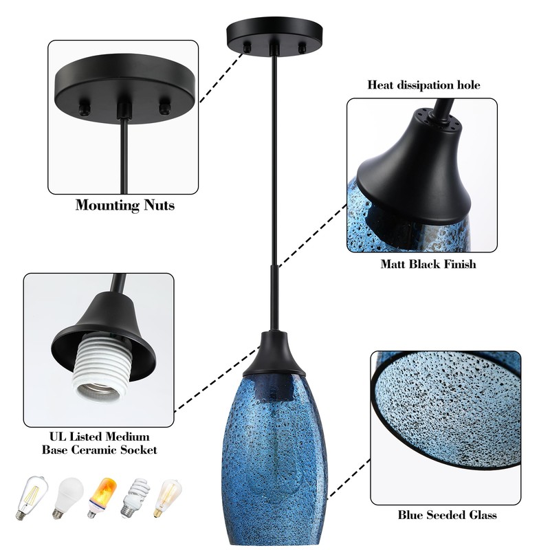Viinew Mini Glass Pendant Light 1-Pack Handblown Clear Dark Blue