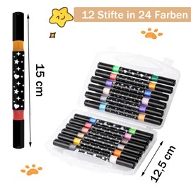 Canollo Metallic Stifte 24 Farben, 12 Dual Tip Marker Acrylstifte, Bunt Glitzerstifte Set, für Fotoalbum zum Selbstgestalten, Gästebuch Hochzeit, Metallic Stifte, Geschenke für Einschulung Mädchen