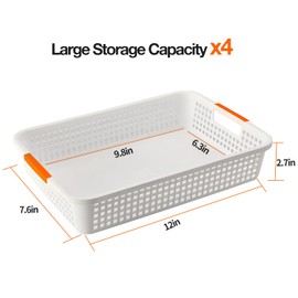 ShineMe Plastic Baskets for Organizing, 4 Pack Paper Trays for Classroom Organization, Sturdy and Stackable Turn in Bins with Colorful Handle for Class, Home, Office Storage, A4 Paper Lay Flat Size
