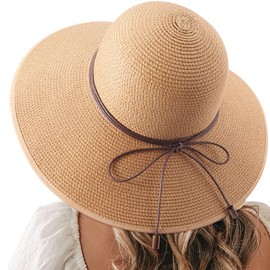 DRESHOW Womens Sun Straw Hat Bowknot Hat Summer Wide Brim Bucket Hats Foldable Beach Sun Hat Roll up UPF 50+