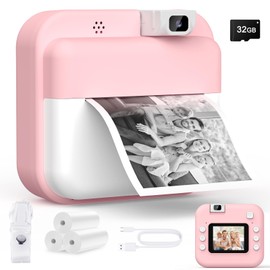 Kids Camera Instant Print for Boys Girls, 1080P HD Instant Camera for Kids with 32GB Card & 3 Rolls Photo Paper, 180° Rotatable Lens, Christmas Birthday Gifts for 3-12 Years Old (Pink)