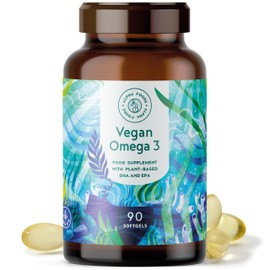 Omega 3 Vegan - Hochdosiert aus Algenöl - 1500mg pro Tagesdosis mit EPA 225mg und DHA 450mg - 90 vegane Softgel-Kapseln - leicht zu schlucken - für Veganer geeignet, nachhaltig - Alpha Foods