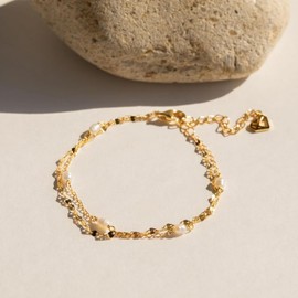 CAITLYNMINIMALIST Dainty 18K Gold Sterling Silver Adjustable Cable Twist Chain Pearl Bead Station Bracelet Tiny Duo Wrap Gift for Women (05-Magnolia Pearl Wrap, 18K Gold)