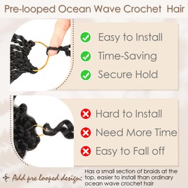 Toniola Pre Looped Ocean Wave Crochet Hair 14 Inch 8 Packs Boho Ocean Deep Water Wave Beach Curl Braiding Hair Pre Twisted Synthetic Short Wavy Curly Crochet Hair for Women(14inch 1B/30/27)